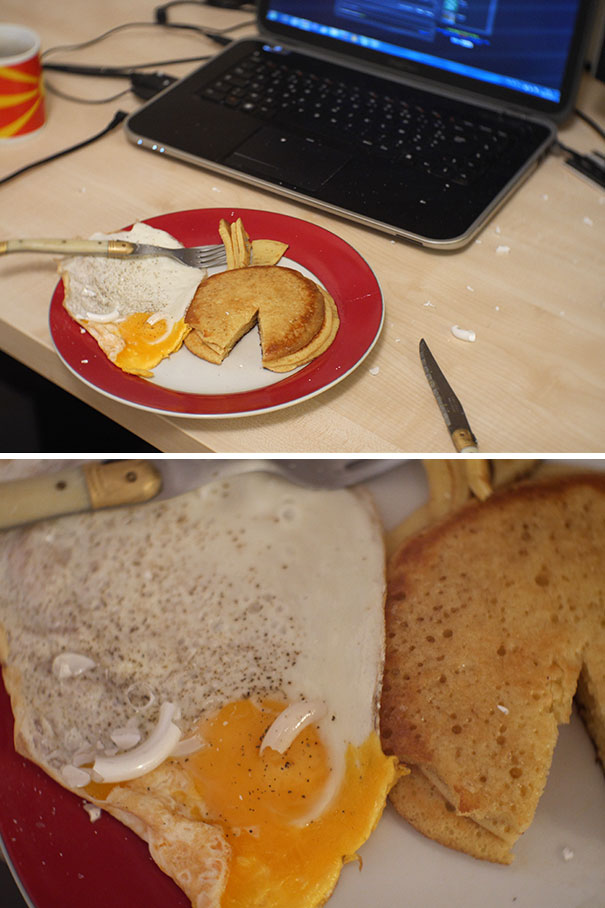 I Was Somewhat Proud Of My Homemade Breakfast So I Went Looking For My Camera. Then The Ceiling Light Fell Off Precisely On The Plate, Shattering The Bulb On My Omelette