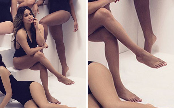 Women posing in black swimsuits showing a hilarious and disastrous Photoshop fail with distorted legs and feet.