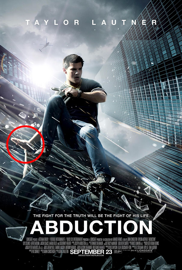 Movie poster with a Photoshop fail showing a person with an extra hand amid shattered glass and skyscrapers.