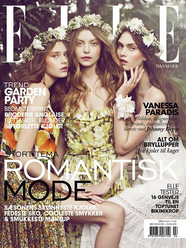 Three women wearing flower crowns and floral dresses posing for a fashion photo with noticeable Photoshop fails.