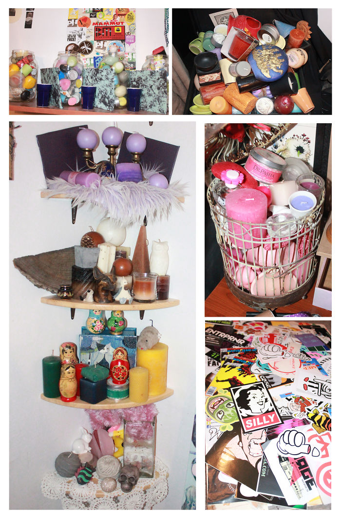 My Girlfriend Collects Candles And Some Antique Stuff She Finds On Flea Markets, Here's A Part Of The Collection. Also, She Recently Started Collecting And Trading Stickers.
