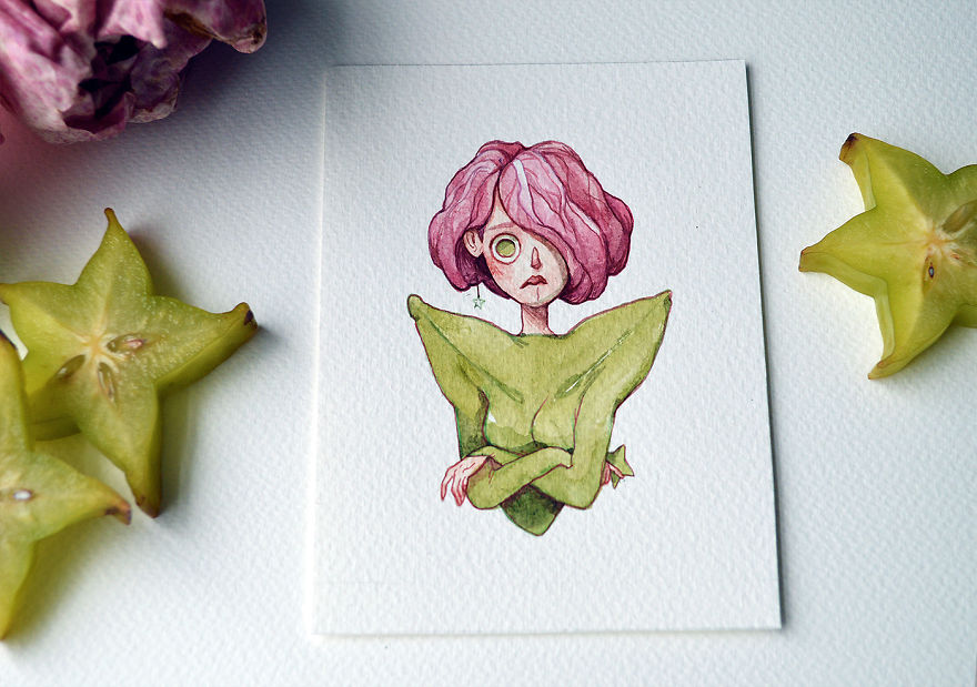 A Concerned Pink Lettuce And Star Fruit
