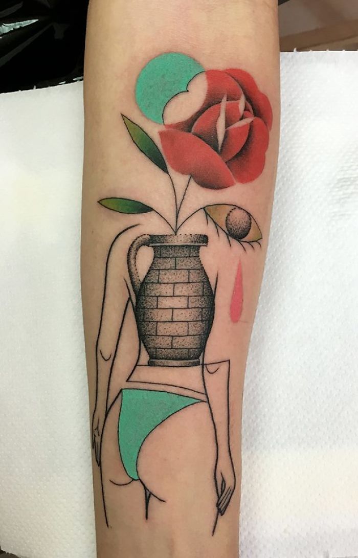 Tattoo illustrating nature and human relationship with a rose and jar on skin.