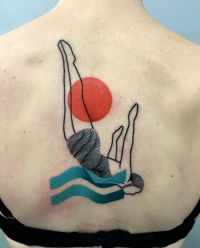 Tattoo design on back featuring human figure, red circle, blue waves, symbolizing nature and human relationships.