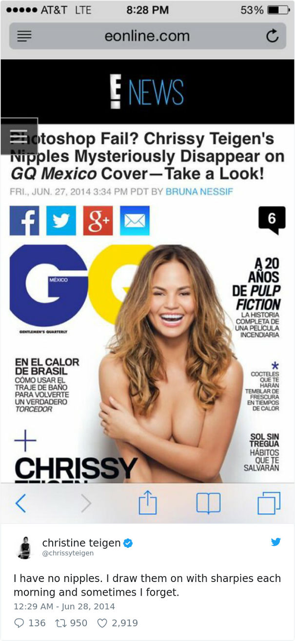 Screenshot of an online article about a Photoshop fail involving Chrissy Teigen on a GQ Mexico cover.