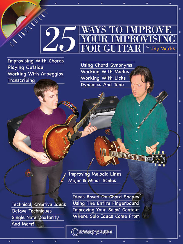 Two men holding guitars surrounded by text about guitar improvising techniques, unrelated to hilarious Photoshop fails.