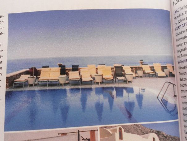 Poolside lounge chairs with reflections in water showing hilarious and disastrous Photoshop fails to enjoy.