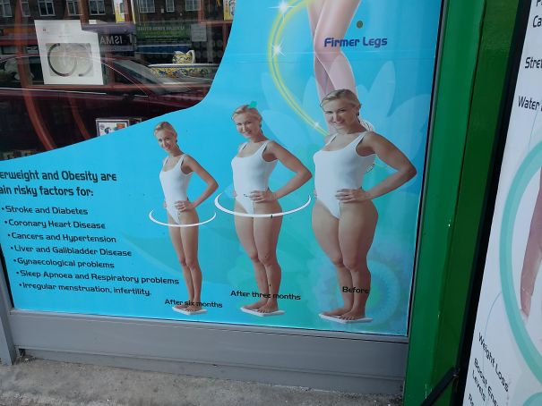 Advertising poster showing Photoshop fails on slimming effects with warped body shapes and legs labeled firmer legs.