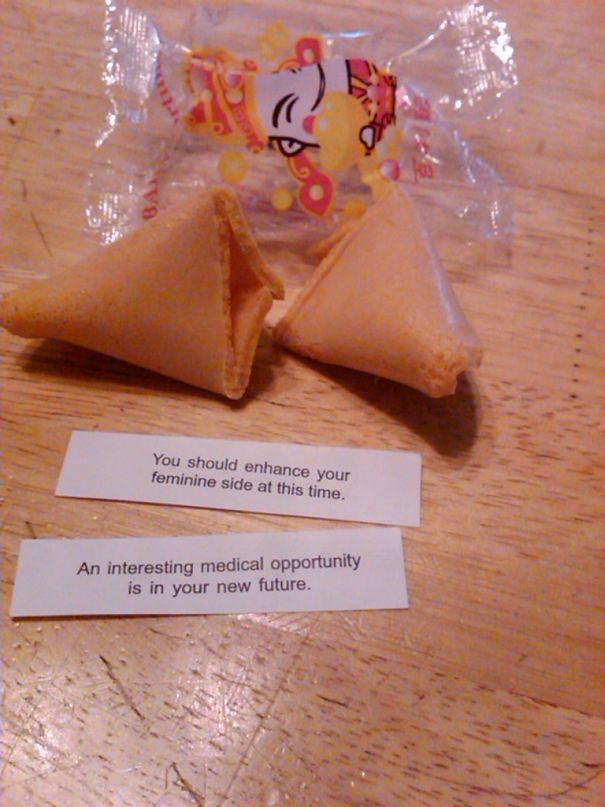 Fortune cookies on a table with sassy sayings: "Enhance your feminine side" and "Medical opportunity in your future."