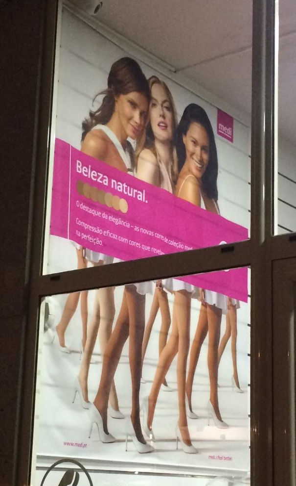 Photoshop fails on a fashion poster with distorted elongated legs creating a hilarious and disastrous visual effect.