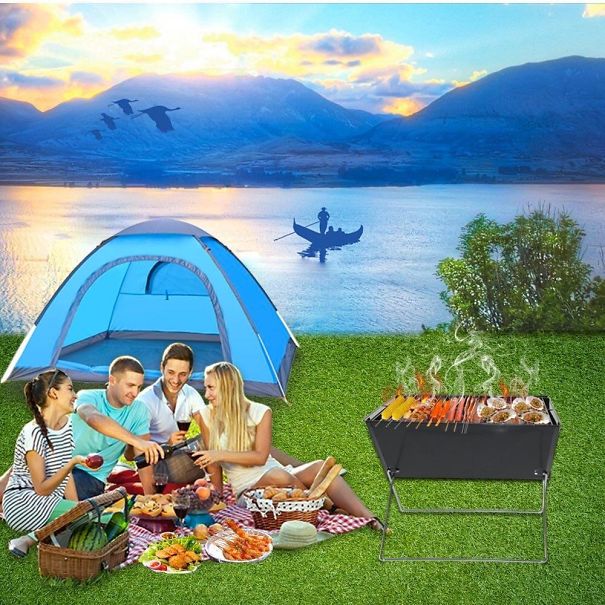 Group having a picnic by a lake with a tent and barbecue, a funny Photoshop fail showing unrealistic elements.