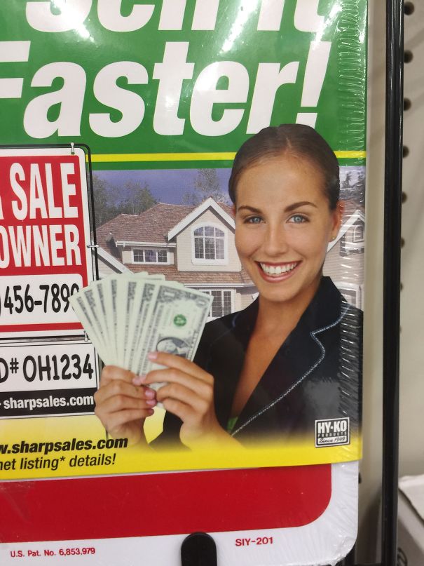 Real estate ad with a woman holding money featuring a hilarious and disastrous Photoshop fail in the background.