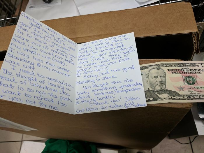 A Woman Came Through The Drive Through Yesterday And Got A Little Irritated With Me Because We Didn't Have Drink Carriers. Today, She Came Back And Handed Me This