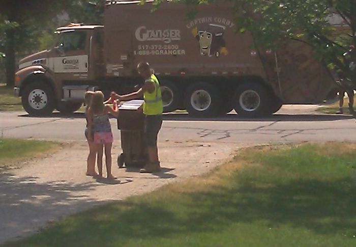 It's 103+ Out, So My Daughter And Niece Waited For Our Garbage Men To Come By So They Could Run Out And Give Them Some Ice Cold Gatorades