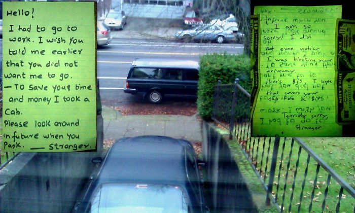 Kindness Meets Kindness. A Stranger Blocked My Drive Way, I Left A Note On His Car As Seen Picture On Top Left. Came Back Home And His Response Can Be Seen On Top Right