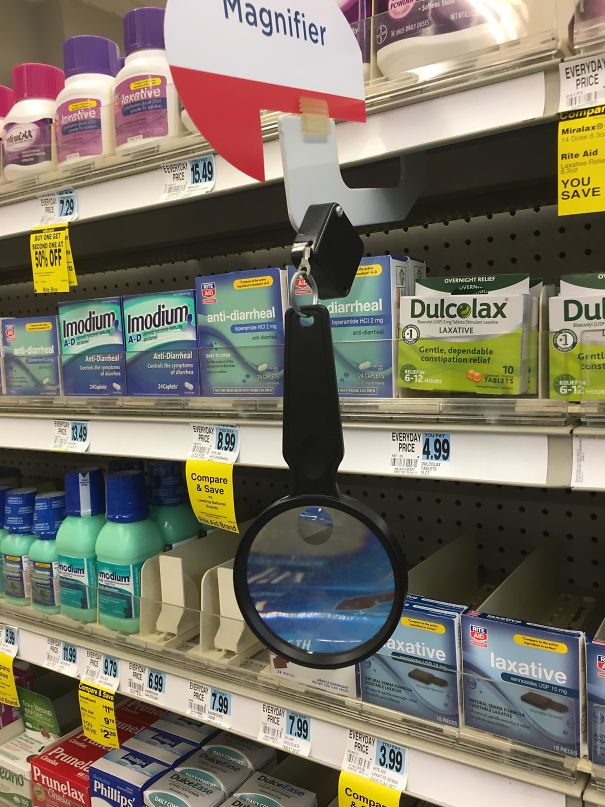 This Pharmacy Has A Magnifying Glass So People Can Read Medicine Labels And Details More Easily