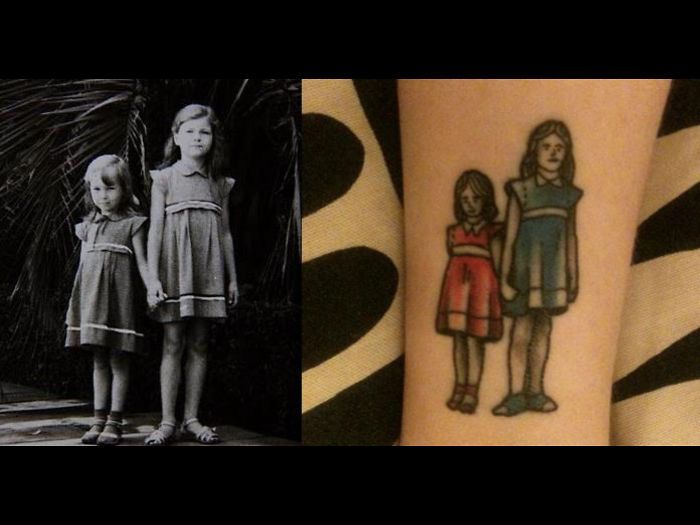 Tattoo of two girls, inspired by a vintage photo, showcasing the story behind this meaningful artwork.