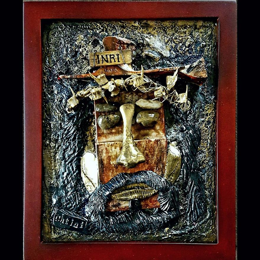 I Recycle Bones, Stones And Many Materials To Create My "Sculpaintings"