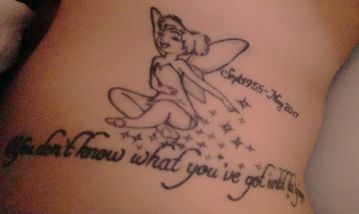 Tinkerbell tattoo with stars and quote symbolizes personal stories behind tattoos on skin.