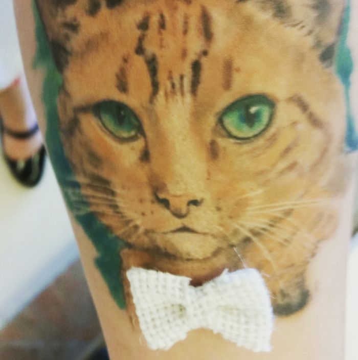 Cat tattoo with vivid green eyes and a white bow, showcasing personal tattoo stories.