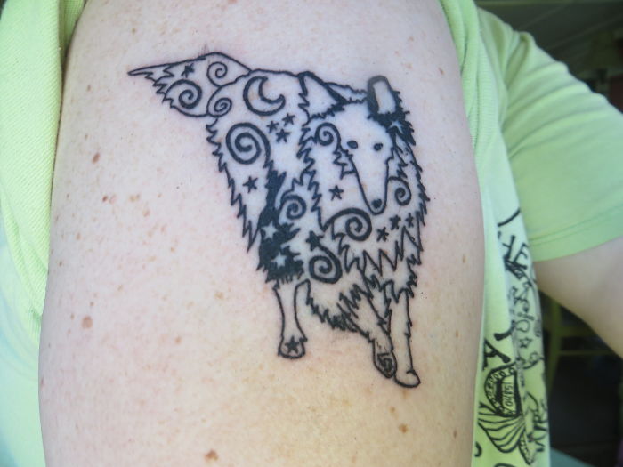 Cosmic-inspired dog tattoo with stars and moons on arm. Tattoo stories and designs.