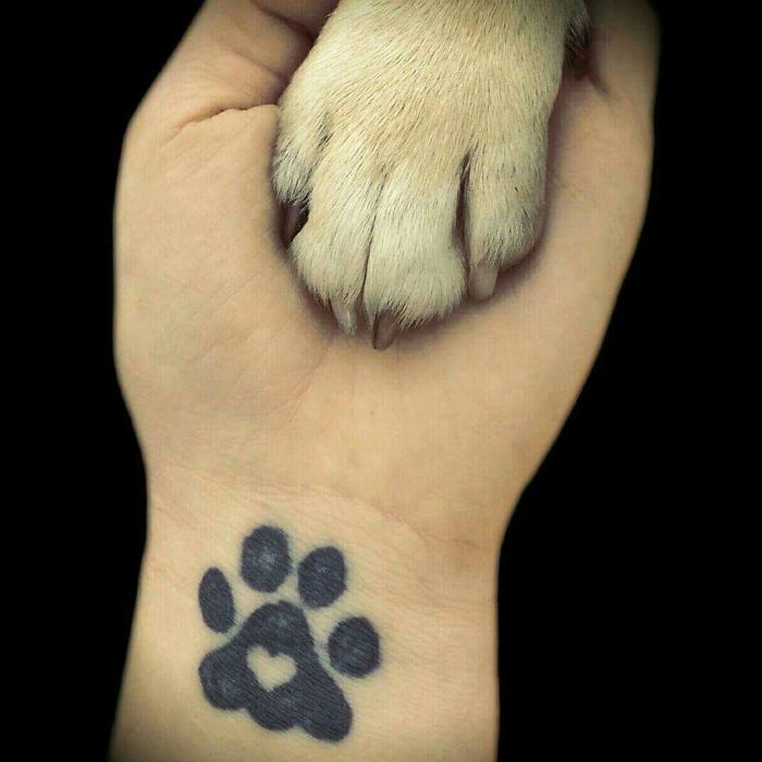 Tattoo of a paw print with heart on a wrist, holding a pet's paw, symbolizing a special bond.