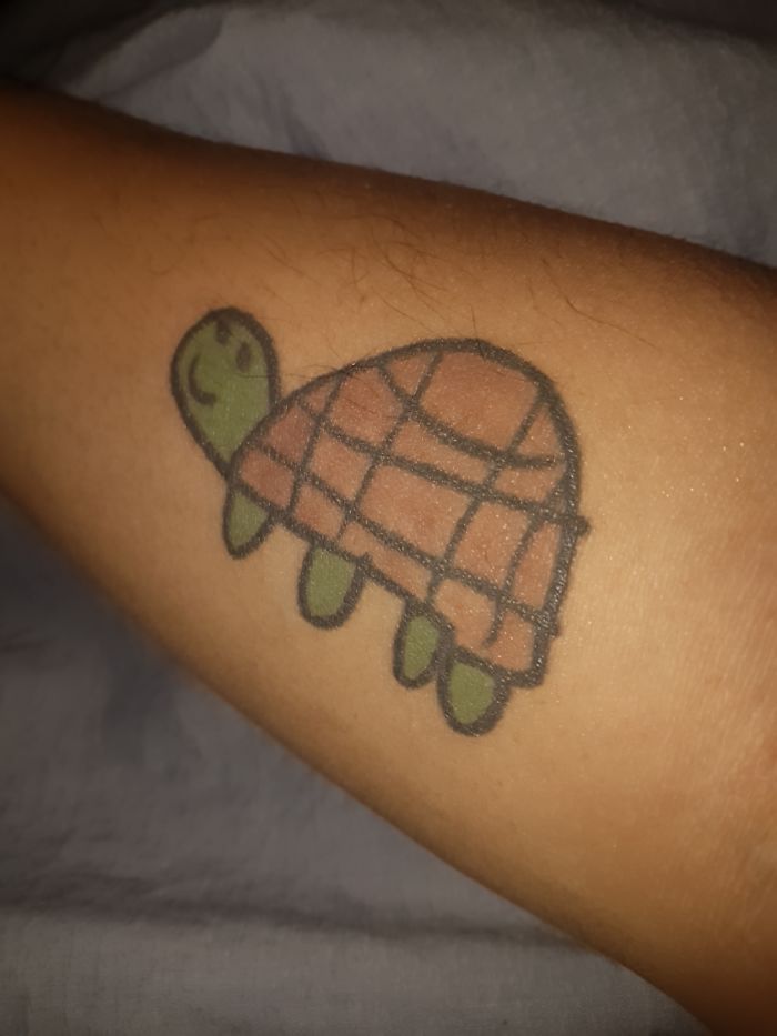 Simple turtle tattoo on an arm, featuring a green head and legs with a red shell, related to tattoo stories.