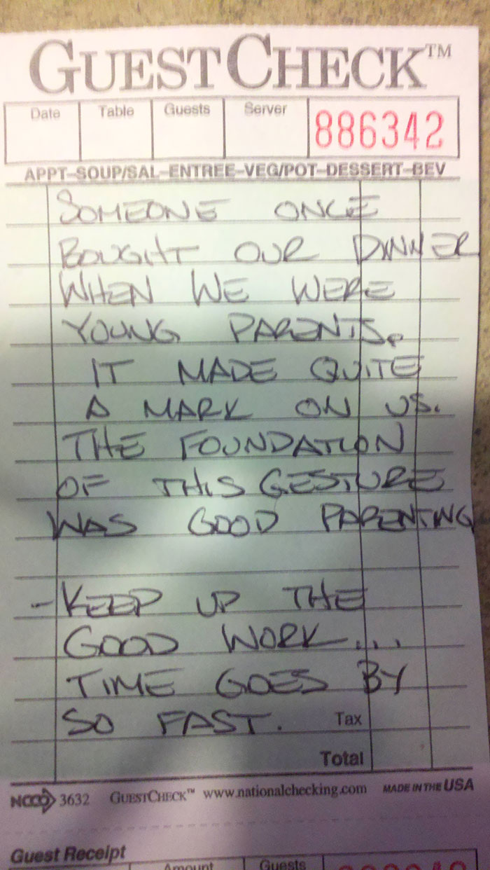 My Wife And I Went To Dinner With Our 1-Year-Old And This Is What Was Written On Our Check