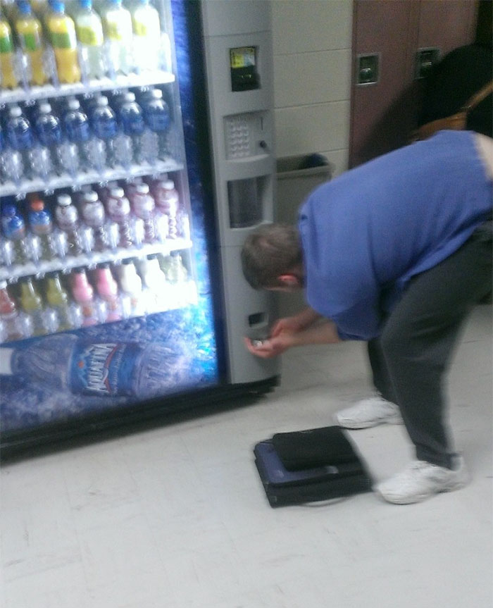 A Mentally Challenged Kid At My School Always Checks The Vending Machine For Loose Change After Lunch, Today I Filled It With A Bag Of Change. "Jackpot!"