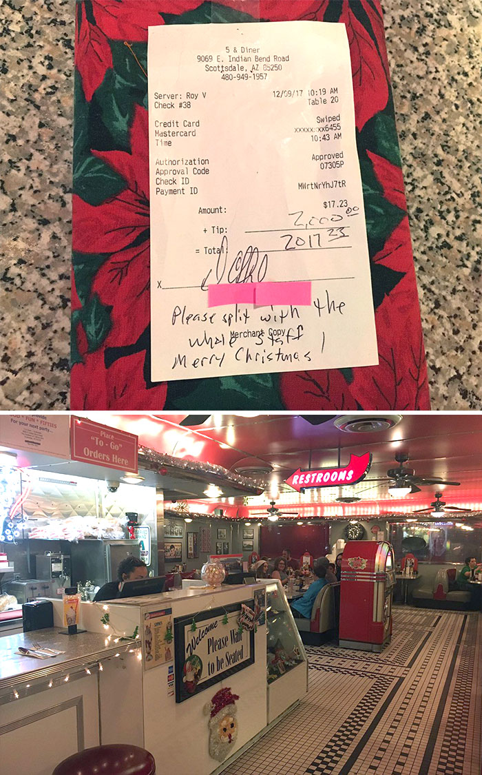 Customer Leaves $2000 Tip At 5 & Diner In Scottsdale. Staff Say Tip Made Everybody's Day And The Customer Is Their Secret Santa