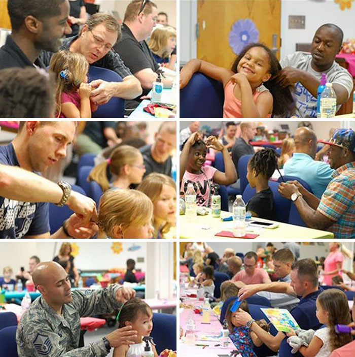 More Than 30 Dads Learned How To Do Their Daughters' Hair At Keesler Air Force Base. This Class Was Free To Encourage Bonding When Veterans Come Back Home