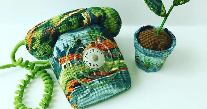 Artist Gives A Second Life To Vintage Household Objects By “Dressing Them Up” In Cross-Stitched Patterns