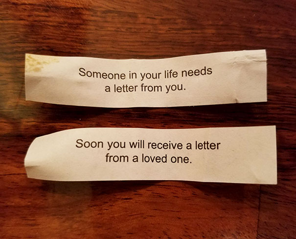 Fortune cookie sayings predicting letter exchanges, showcasing sassy messages.