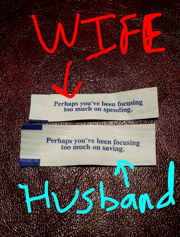 Sassy fortune cookie sayings about spending and saving labeled "wife" and "husband."