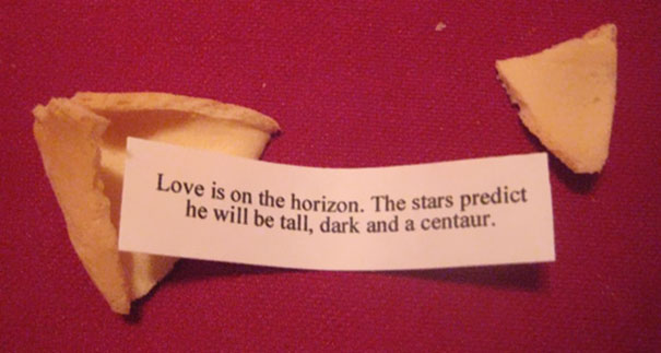 Sassy fortune cookie saying about love and a centaur prediction.