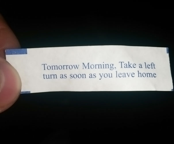 Sassy fortune cookie saying: "Tomorrow Morning, Take a left turn as soon as you leave home."