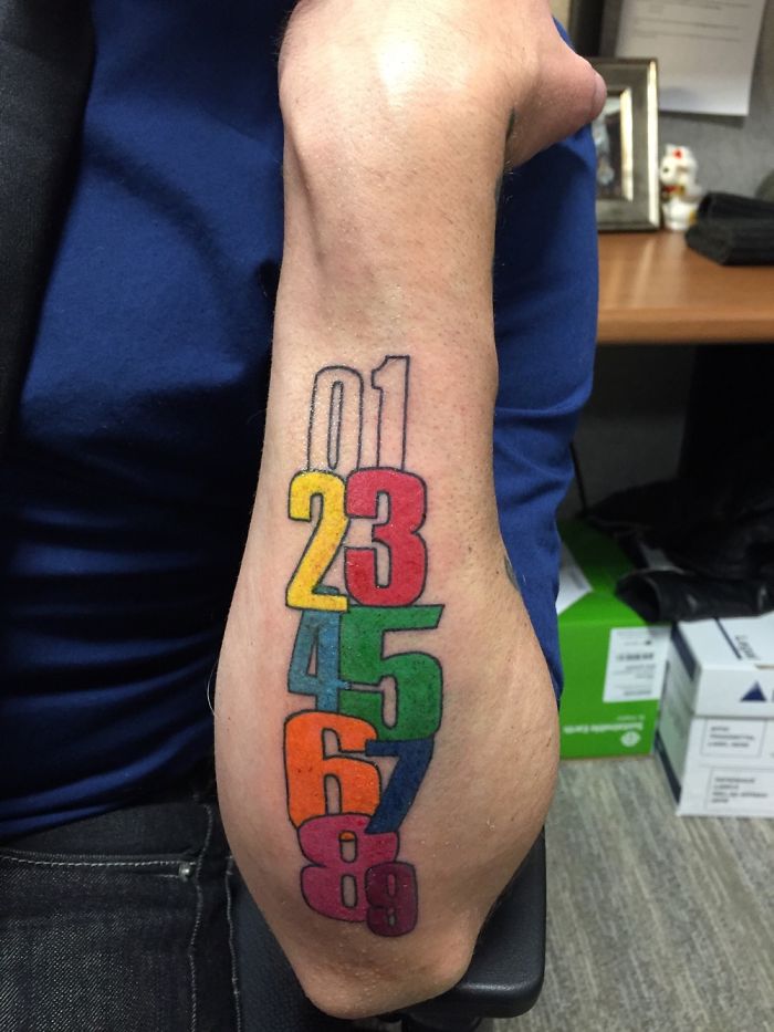 Colorful number tattoo on arm, featuring digits 0 to 9 in a gradient of hues, related to tattoo stories.