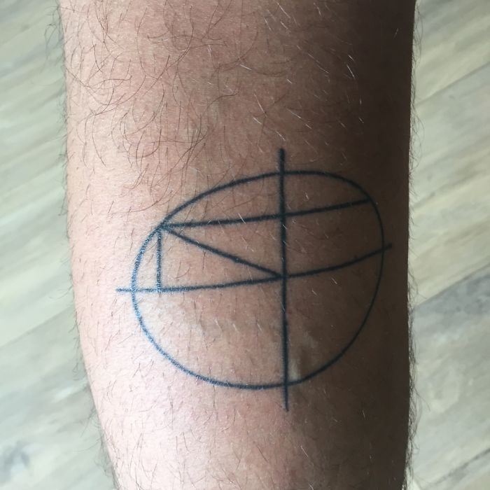 Abstract circle tattoo with intersecting lines on a leg, showcasing unique tattoo stories.