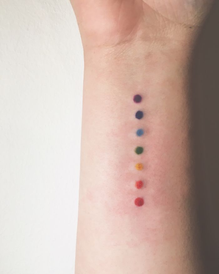 Colorful dot tattoo on forearm, representing a spectrum; part of personal tattoo stories.