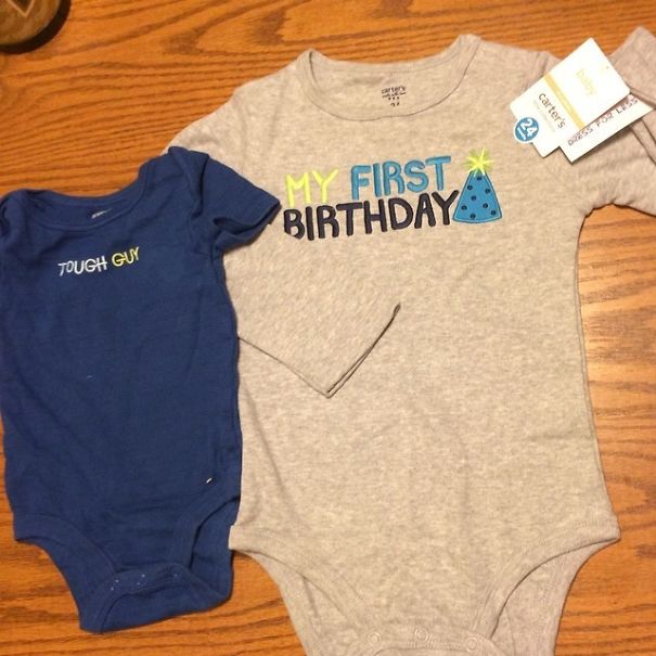 I'm Not Sure If This "My First Birthday" Jumper In Size 24months Is A Hilarious Error, Commentary/Insult To The Size Of My Children, Or The Chinese Possible Belief That We Are All Super Sized Even At Birth... (Shown Next To A Size 12 Months!)