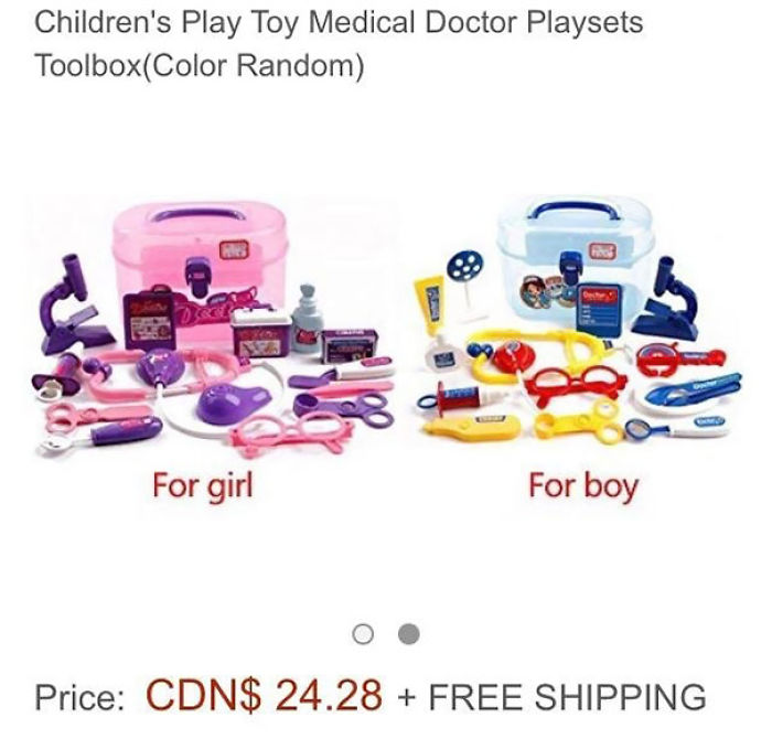 Doctor Playset. The Exact Same Toys In 2 Colours. They Needed To Point Out Pink/Purple Is For Girls And Yellow/Red/Blue Is For Boys