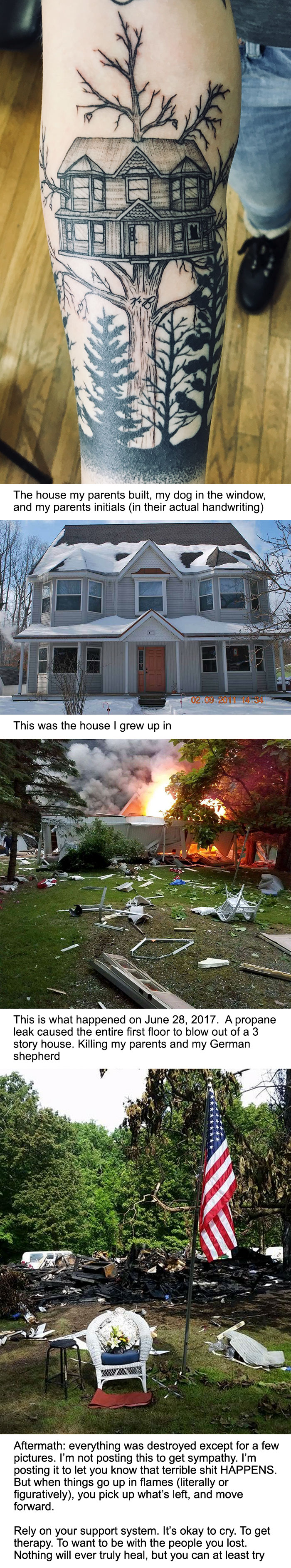 Tattoo of a house on a tree, symbolizing a powerful story of home and loss.