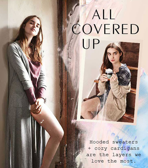 Young woman modeling cozy cardigans and hooded sweaters, showcasing laid-back fashion in a soft, warm indoor setting.