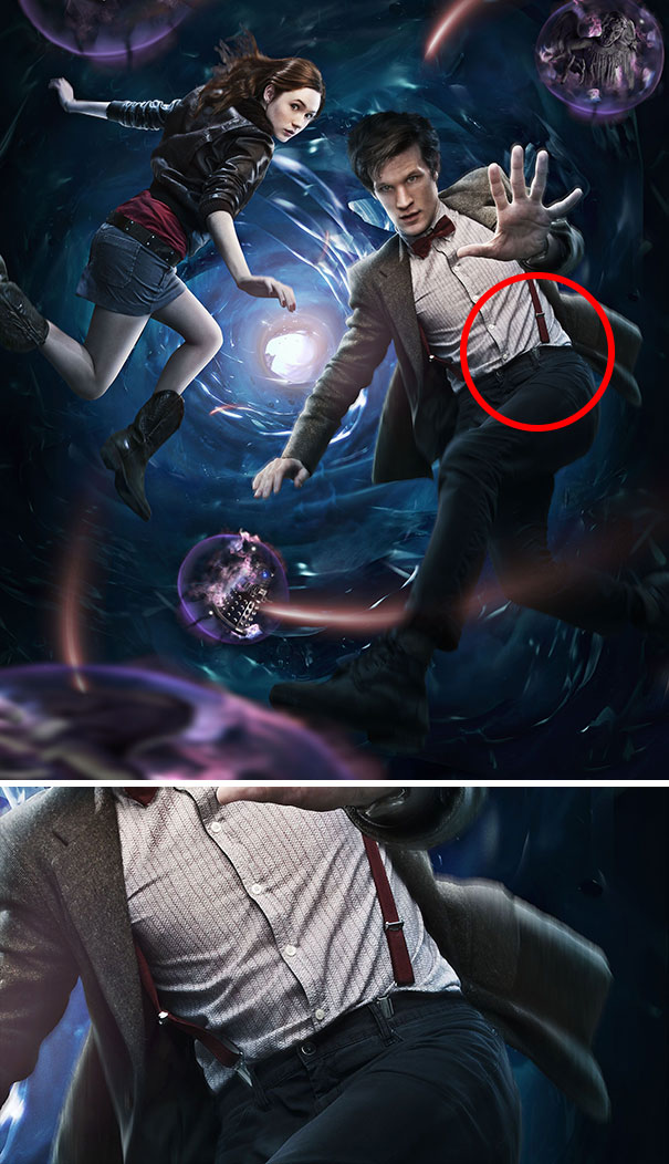 Two characters floating in a surreal space scene with a visible Photoshop fail on suspenders in a hilarious Photoshop fails image.