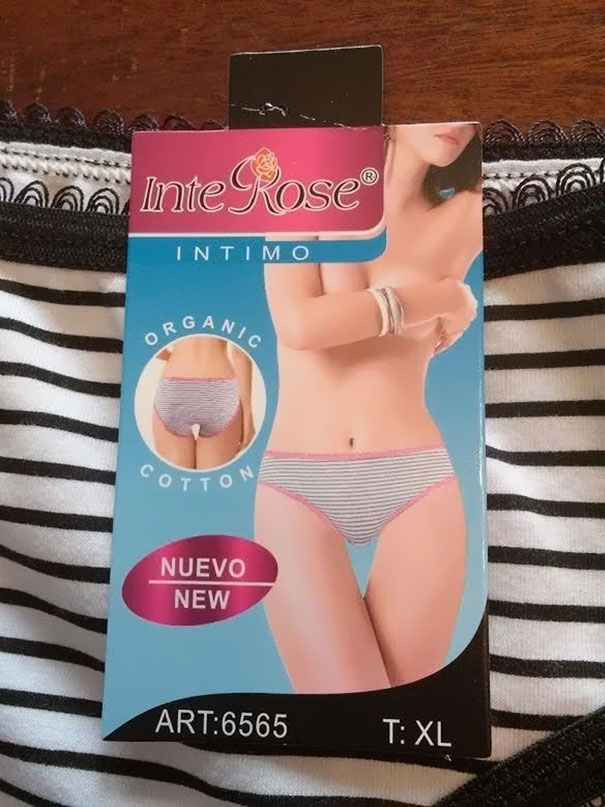 Packaging label for striped organic cotton underwear with a Photoshop fail showing an unintended extra detail in the image.