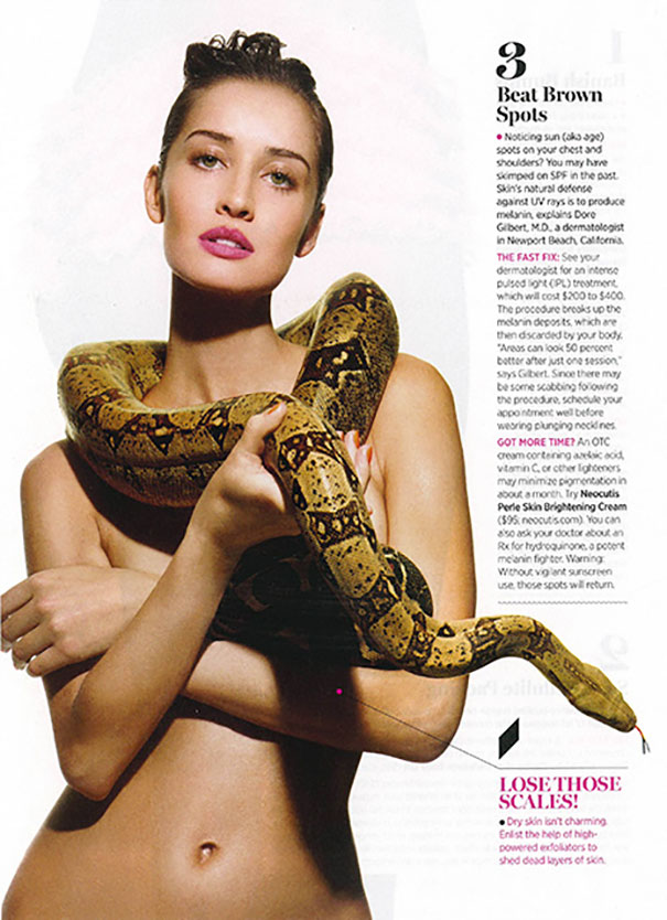 Woman posing with a large snake wrapped around her shoulders, an example of hilarious and disastrous Photoshop fails.