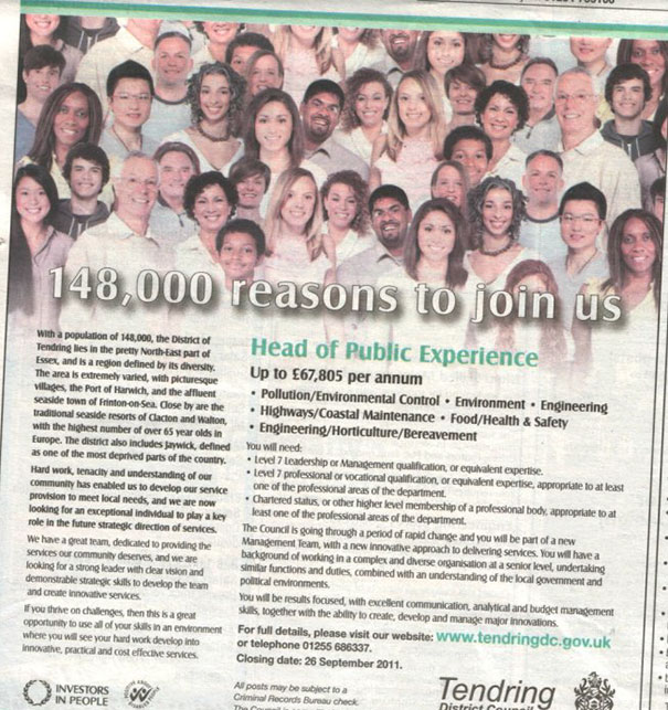 Group photo with overlapping faces illustrating a Photoshop fail in a promotional image for public experience roles.