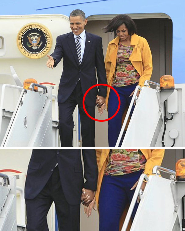 Barack and Michelle Obama holding hands with a Photoshop fail showing an extra finger overlapping, highlighting funny Photoshop fails.