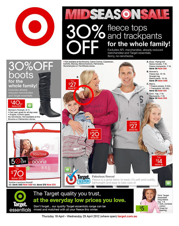 Target advertisement flyer showcasing fleece tops, boots, and blankets with discounts and family models posing.