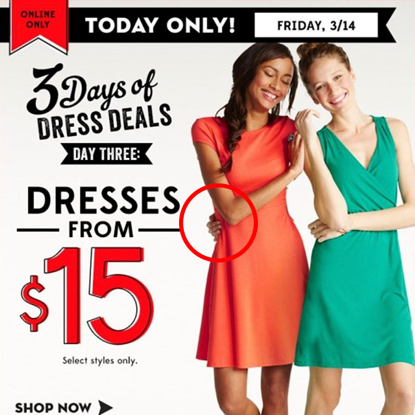 Two women modeling dresses in a Photoshop fail with distorted waist areas in a dress deals advertisement.